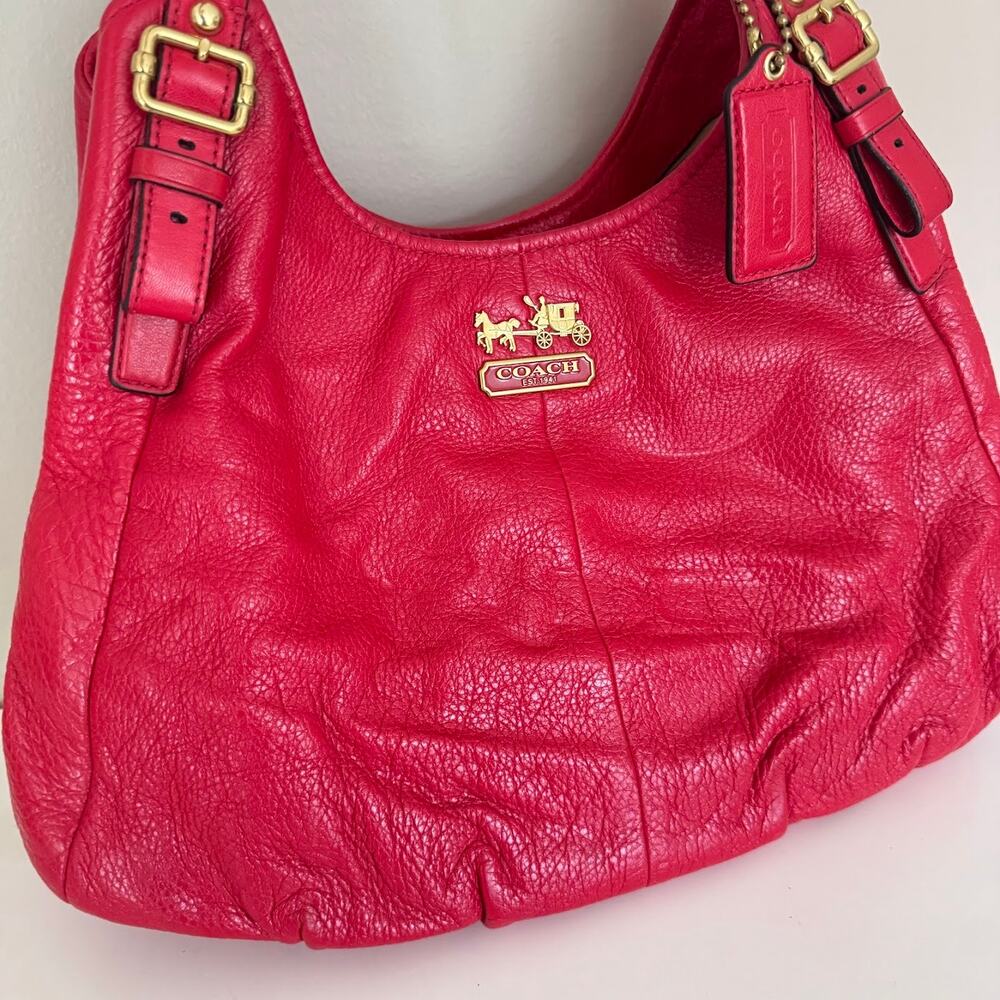 Coach Madison Maggie Red Pebbled Leather Shoulder Bag Large Hobo Purse 16503 - Picture 5 of 13